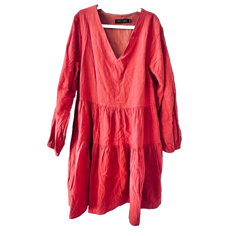 Fancyinn‎ Coral Tiered Babydoll Dress V Neck Long Sleeve Boho Cottagecore Sz XS